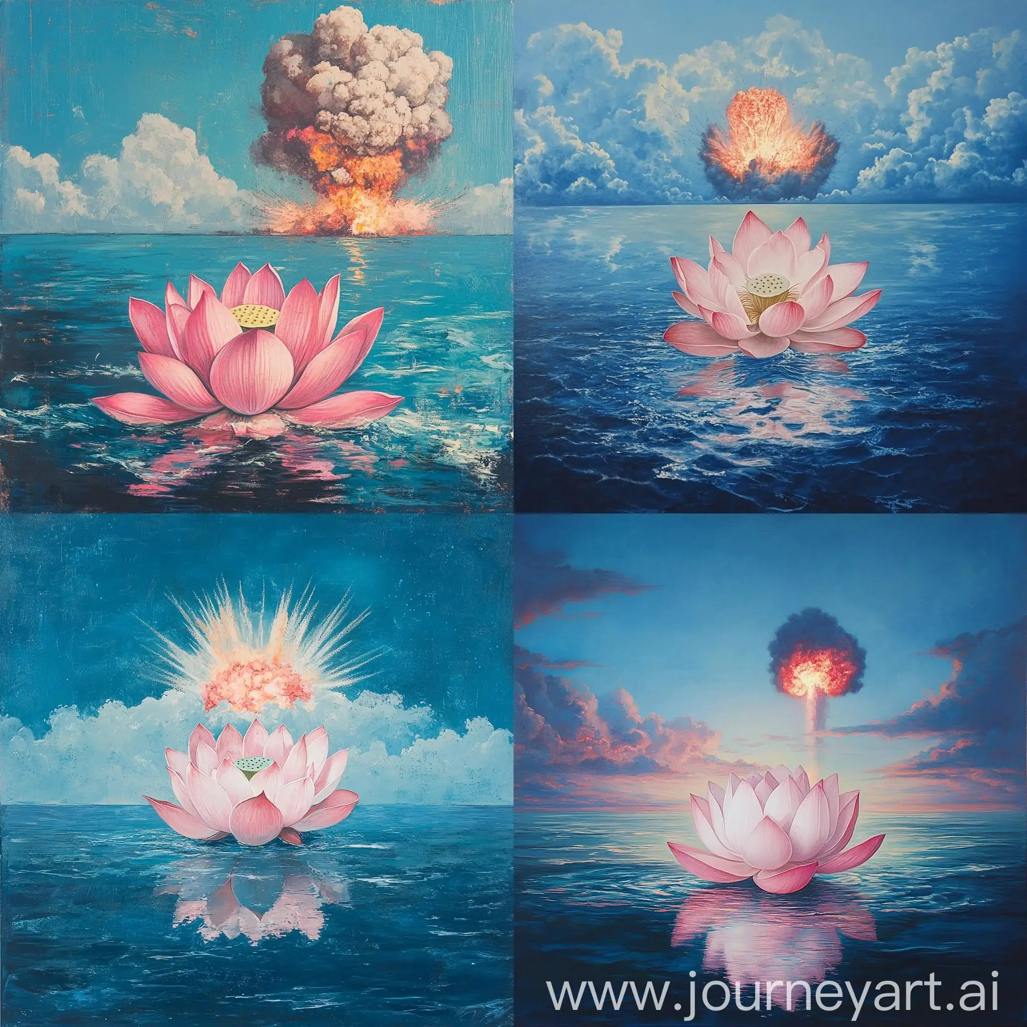 Pink-Lotus-Flower-on-Blue-Ocean-with-Distant-Nuclear-Explosion