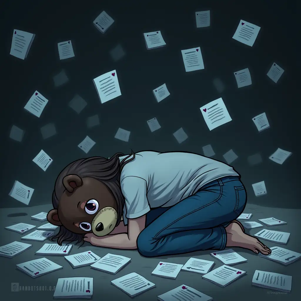 A girl in jeans and an oversized t-shirt. She is wearing a mask of a bear. She is laying crawled up on the floor. There is a hurricane full of emails and messege notifications around her. The whole picture is dark and creepy. Anime style.