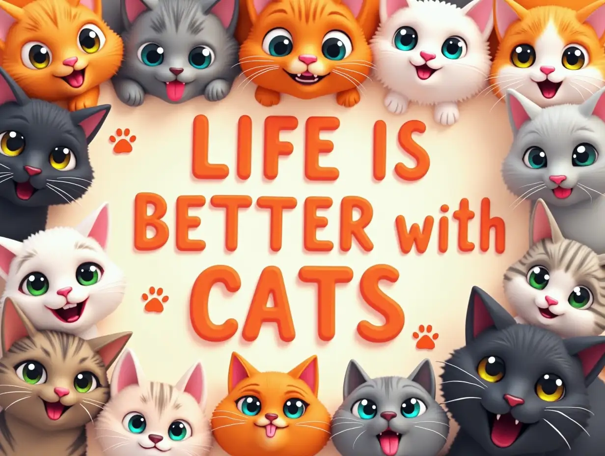 Create an image featuring a collection of adorable cats with various fur patterns and colors. The image should have a central text that reads 'LIFE IS BETTER WITH CATS' in bold, playful font. Surround the text with multiple cute cat faces, each with unique expressions and characteristics. Include small paw prints scattered around the image to enhance the theme. The overall style should be vibrant, cheerful, and heartwarming, capturing the joy and companionship that cats bring to life. 3D hyperrealism