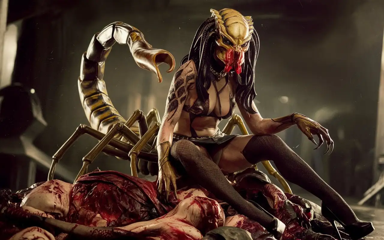 Fierce-Female-Monster-with-Tentacles-and-Scorpion-Features-Posed-on-Pile-of-Corpses