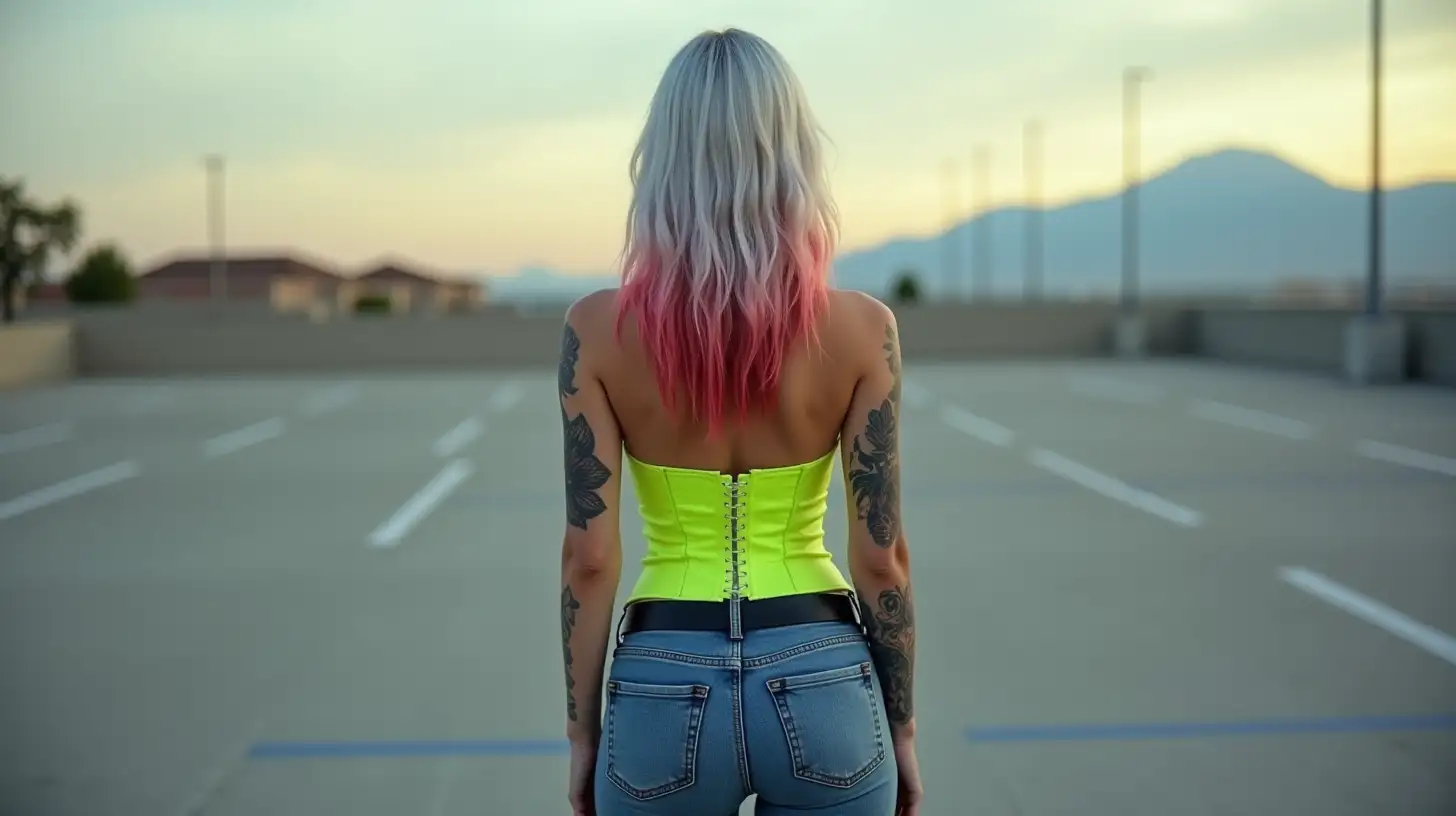 photo-realistic rear view of a beautiful 25-year-old woman standing in a parking lot, with long silver hair with red highlights, in a strapless neon green corset, low rise tight fitted blue jeans with a black belt, full arm tattoo sleeve on both arms, photo in 16k, trending on interface lift