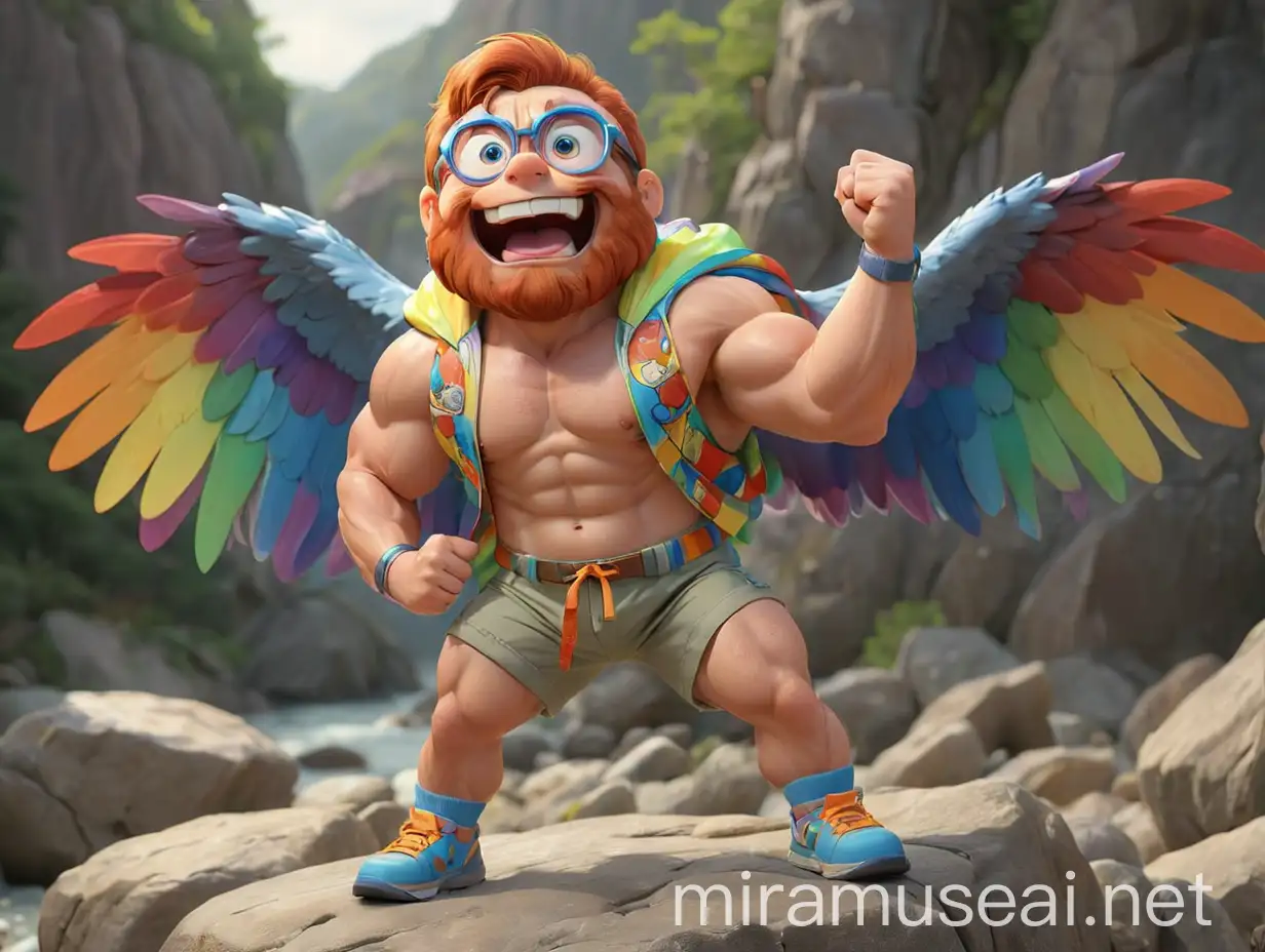 Studio Portrait of Redhead Bodybuilder with Rainbow Colored Eagle Wings