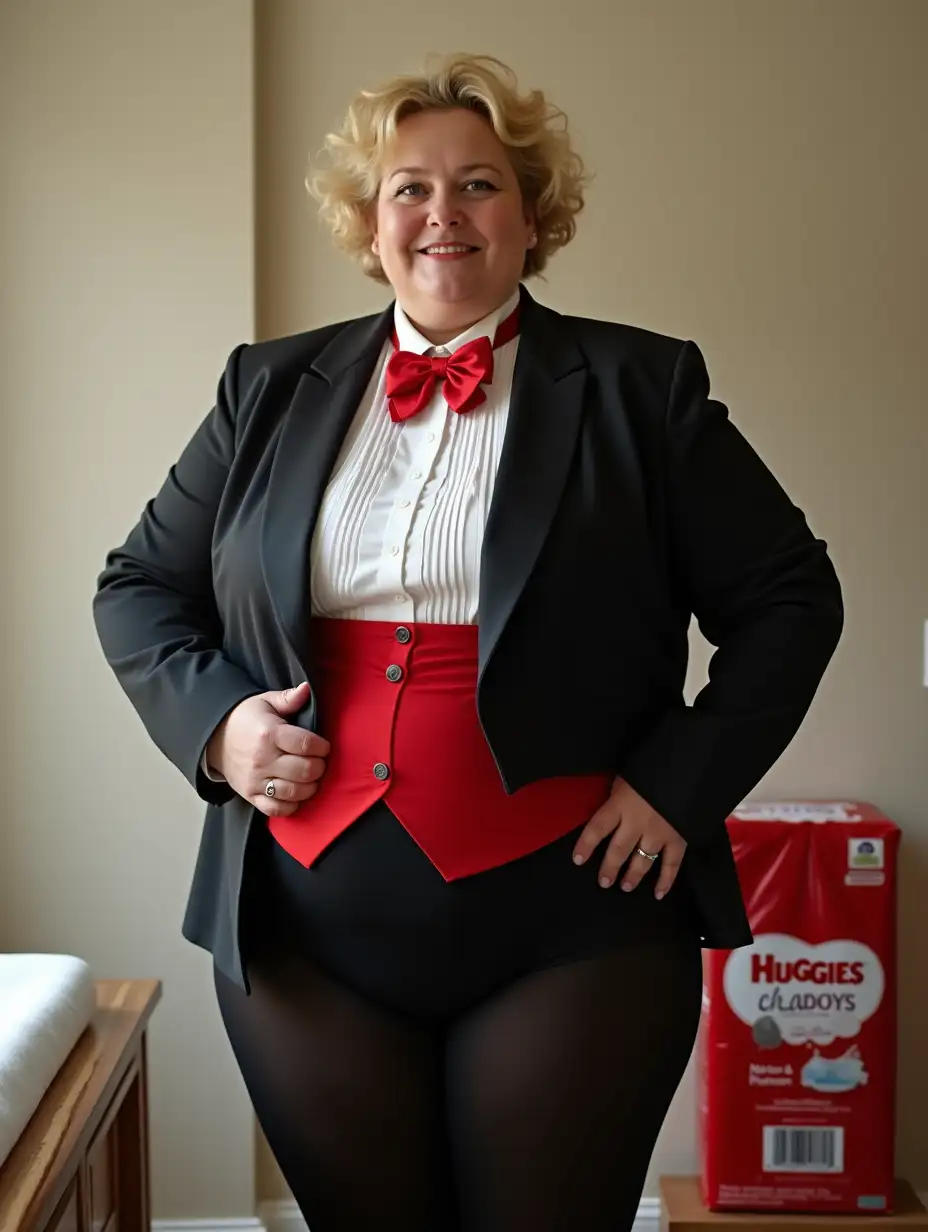 Smiling-Caucasian-Woman-in-Tuxedo-at-Nursery-Changing-Table