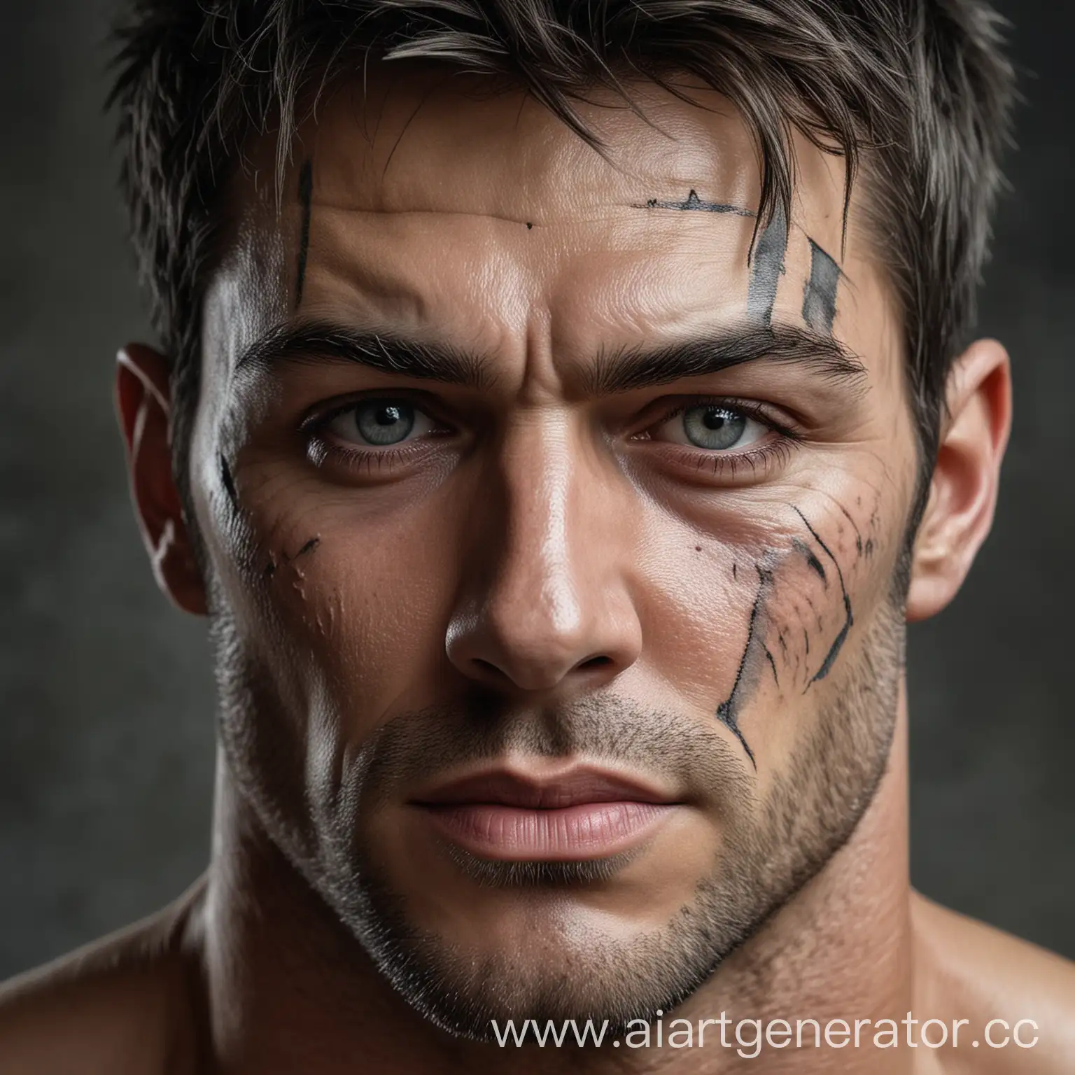 Portrait-of-a-Gray-Muscular-Man-with-a-Scar-on-His-Right-Eye