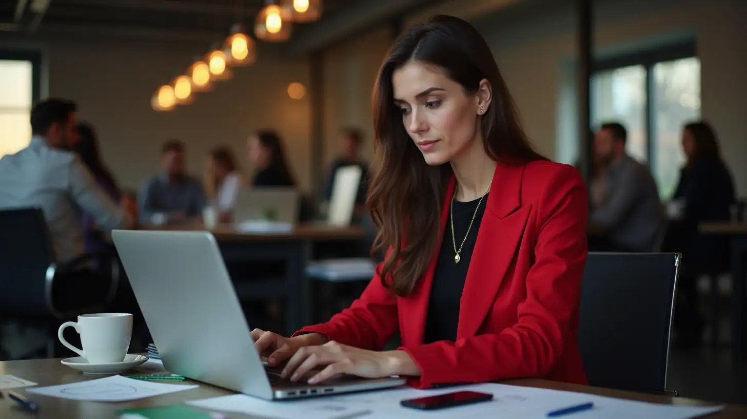 Professional Woman Working Late in a Crowded Modern Office