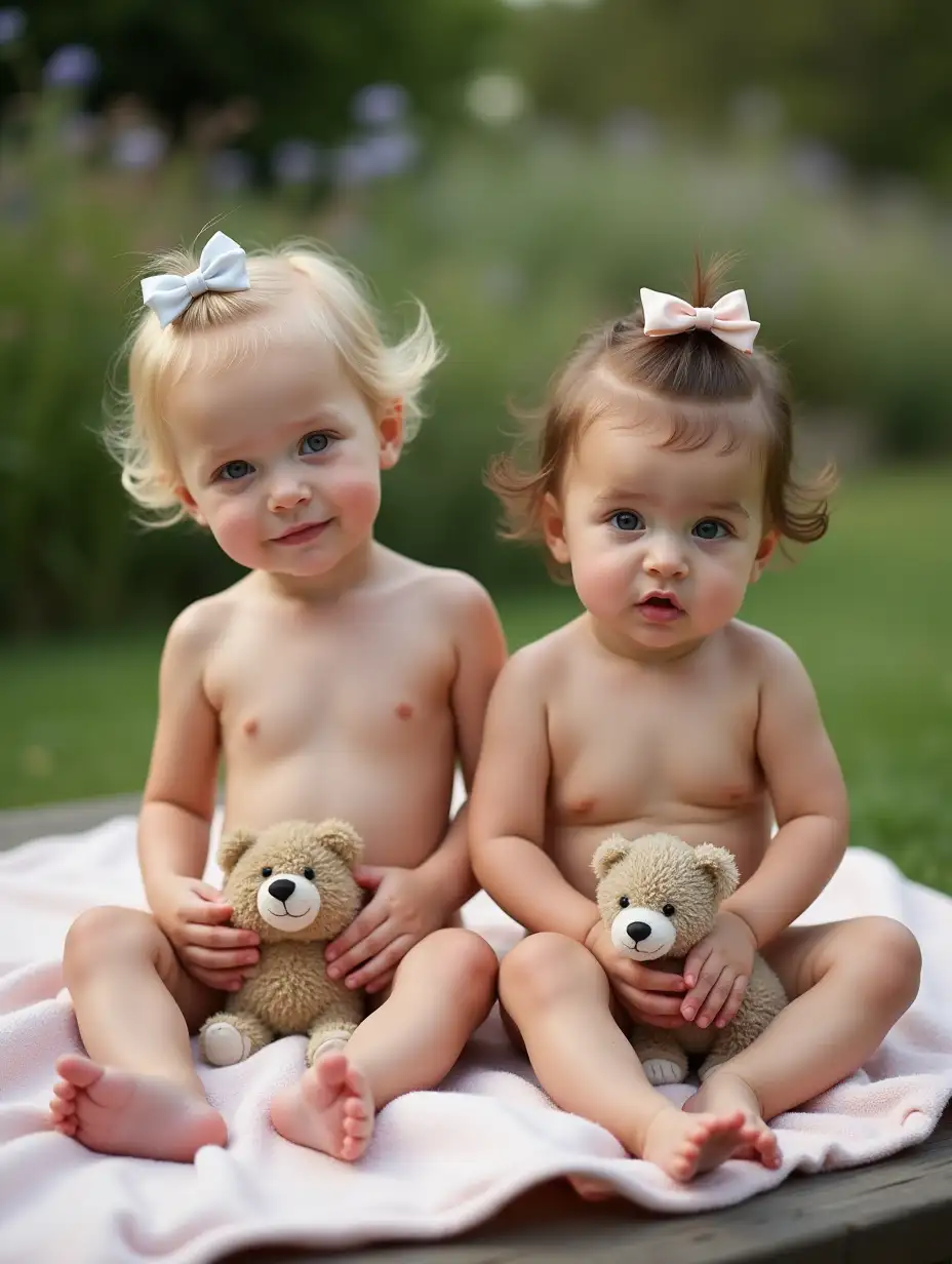 Two-Toddler-Girls-Sitting-on-Picnic-Table-Holding-Stuffed-Animals-in-Garden-Setting