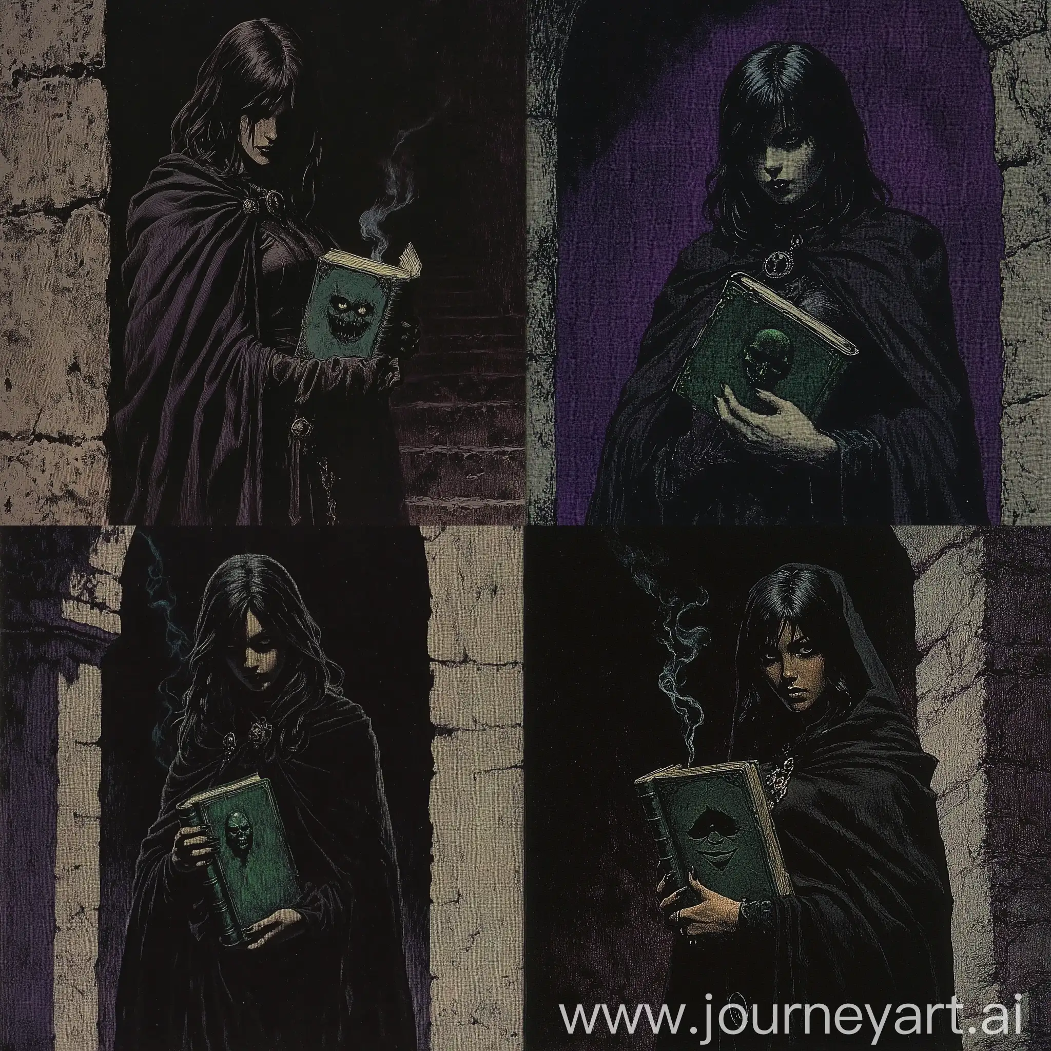 Dark-Fantasy-Illustration-of-a-Mysterious-Woman-with-a-Cursed-Book