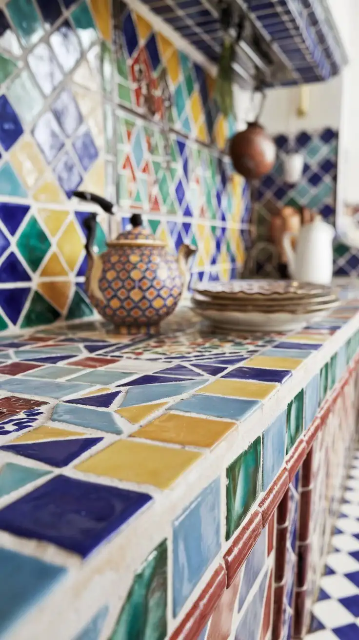 Wide, close-up shot of a colorful mosaic tile kitchen countertop.  A bright and eclectic kitchen style.  A patterned teapot and a stack of vintage plates are placed on the counter.  Bright, cheerful lighting, textured tiles, vibrant colors, artistic composition.