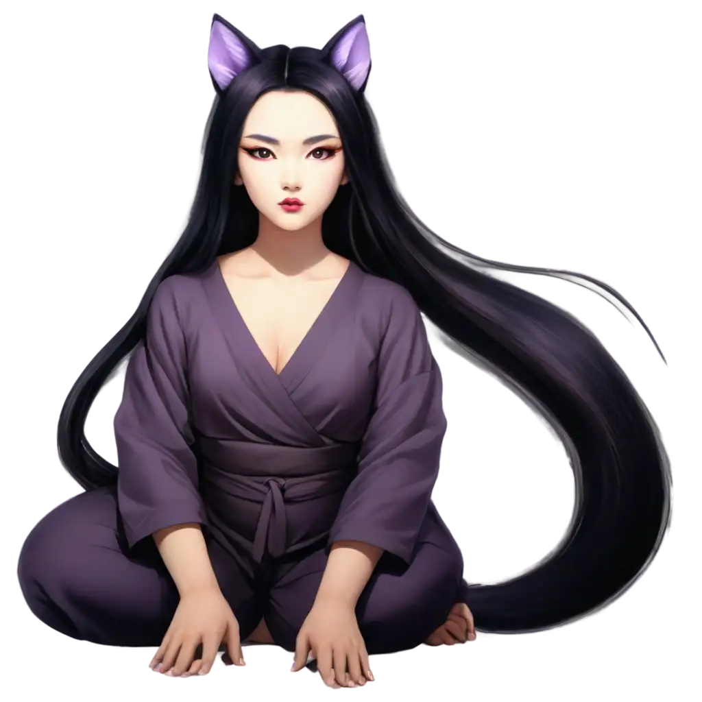 PNG-Image-of-a-Kitsune-Woman-with-Black-Hair-and-Purple-Eyes-Captivating-and-Sensual