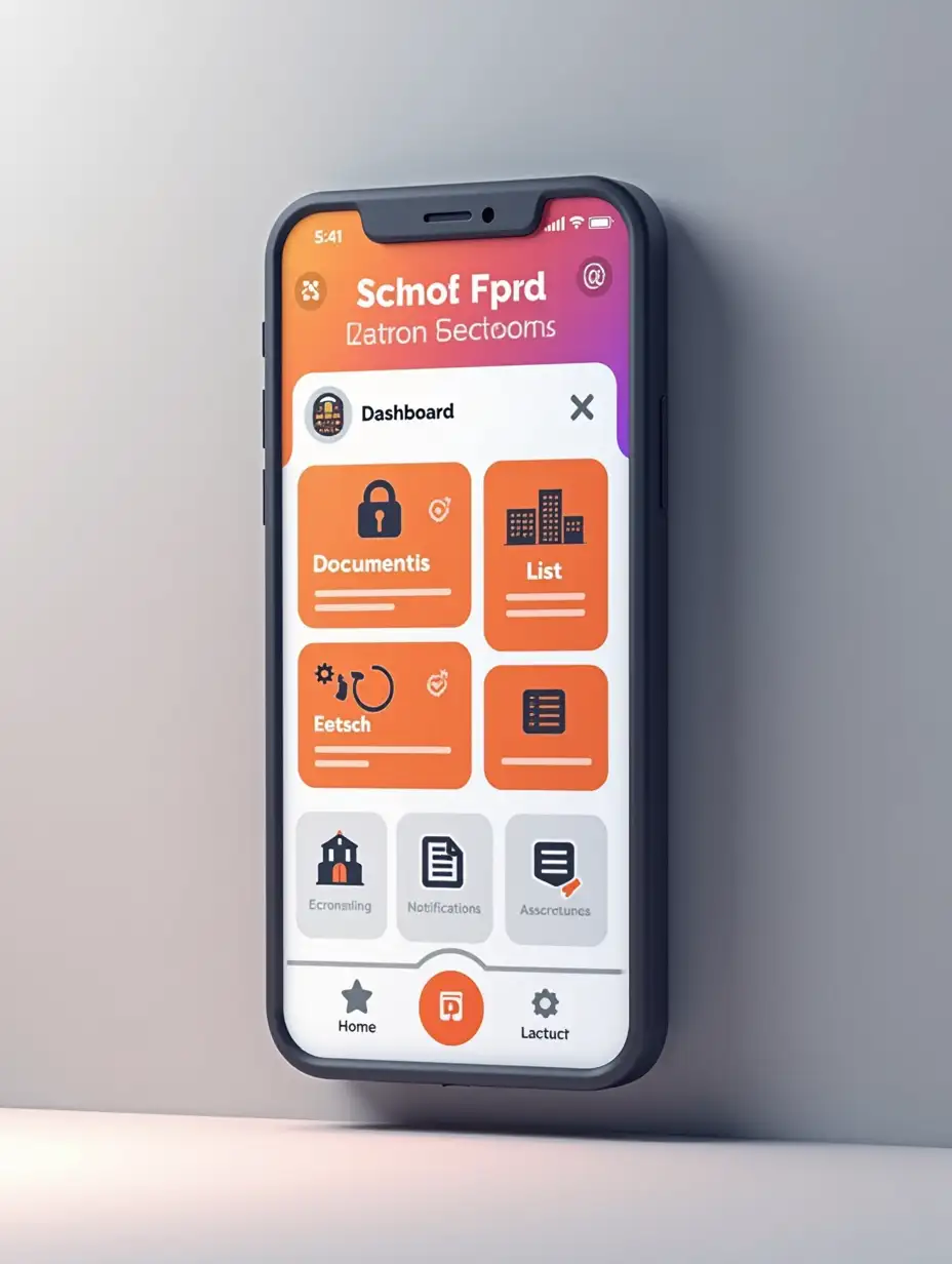 Create a school app for one smartphone with linked widgets interface in a vibrant gradient green, purple, red, black, and white color scheme. The top navigation bar is primarily red-orange with a small icon of a building on the left, a centered title, and a settings or menu icon on the right. Below, there are rectangular modules with bold headings and smaller text lines, featuring icons such as locks, buildings, lists, and file symbols. The layout is segmented into multiple panels showcasing different sections (e.g., Dashboard, Documents, Services), each in orange and black blocks on a white or light gray background. The bottom navigation bar has evenly spaced icons for Home, List, Notifications, and other key features, all in orange or black. Place the phone on a subtle, light-gray surface at a slight angle, casting a soft, realistic shadow. Use crisp, modern typography and smooth, clean lines to emphasize a contemporary, professional app design. The overall style should be polished, with balanced spacing and a coherent orange/black/white palette, evoking a professional and user-friendly interface. Need 10 widgets and many creative designs. Circular Icon for profile photo.