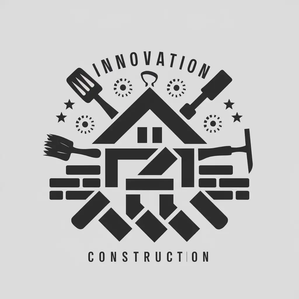 a vector logo design,with the text "INNOVATION", main symbol:spatula, chisel, brush, stirrup, brick,complex,be used in Construction industry,clear background