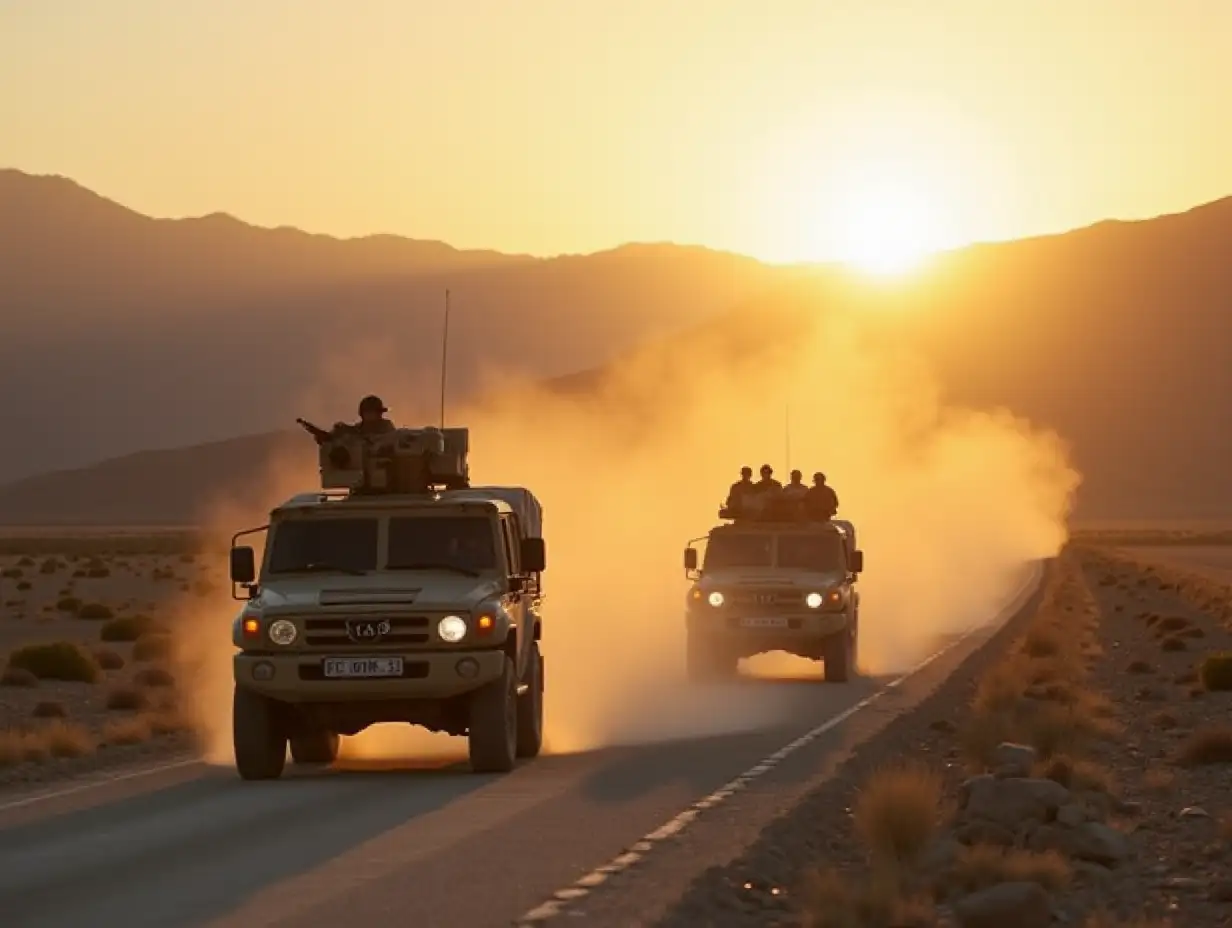 A dusty road in Afghanistan, with US military vehicles driving away, leaving behind a cloud of dust. The sun is setting, casting a golden glow over the mountains.