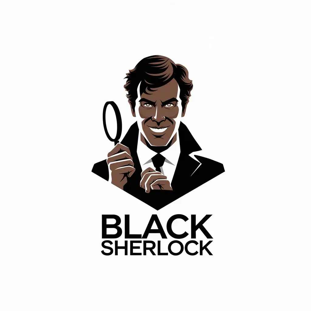 LOGO Design for Black Sherlock Vector Style with Magnifying Glass and Smiling African American Detective Theme