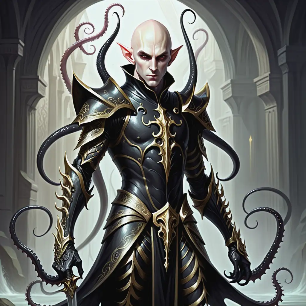 Fantasy art painting: Full body shot:  A pale-skinned elf, he is handsome, black armor with gold trim, black tentacles incorporated into his armor, square jaw, he has a smooth bald head, gilded armor, goth makeup, shiny black eyes, very tall and slender, a noble mage, furrowed brow, black tentacles on his back, he is intense, he wields a tentacled spear, he wears an armored mask, he is furious