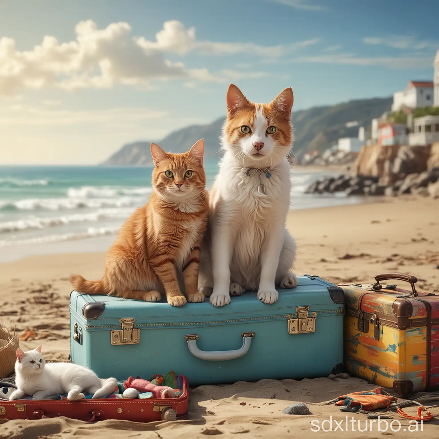 Dog-and-Cat-with-Colorful-Suitcases-on-Beach-Vacation