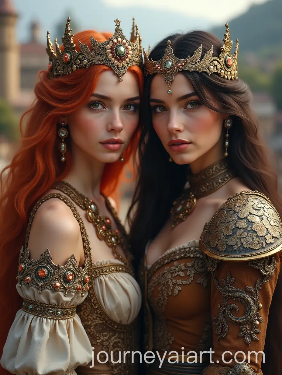 Two-Beautiful-Women-in-Ornate-Armor-and-Exotic-Jewelry-in-Medieval-Village-Setting