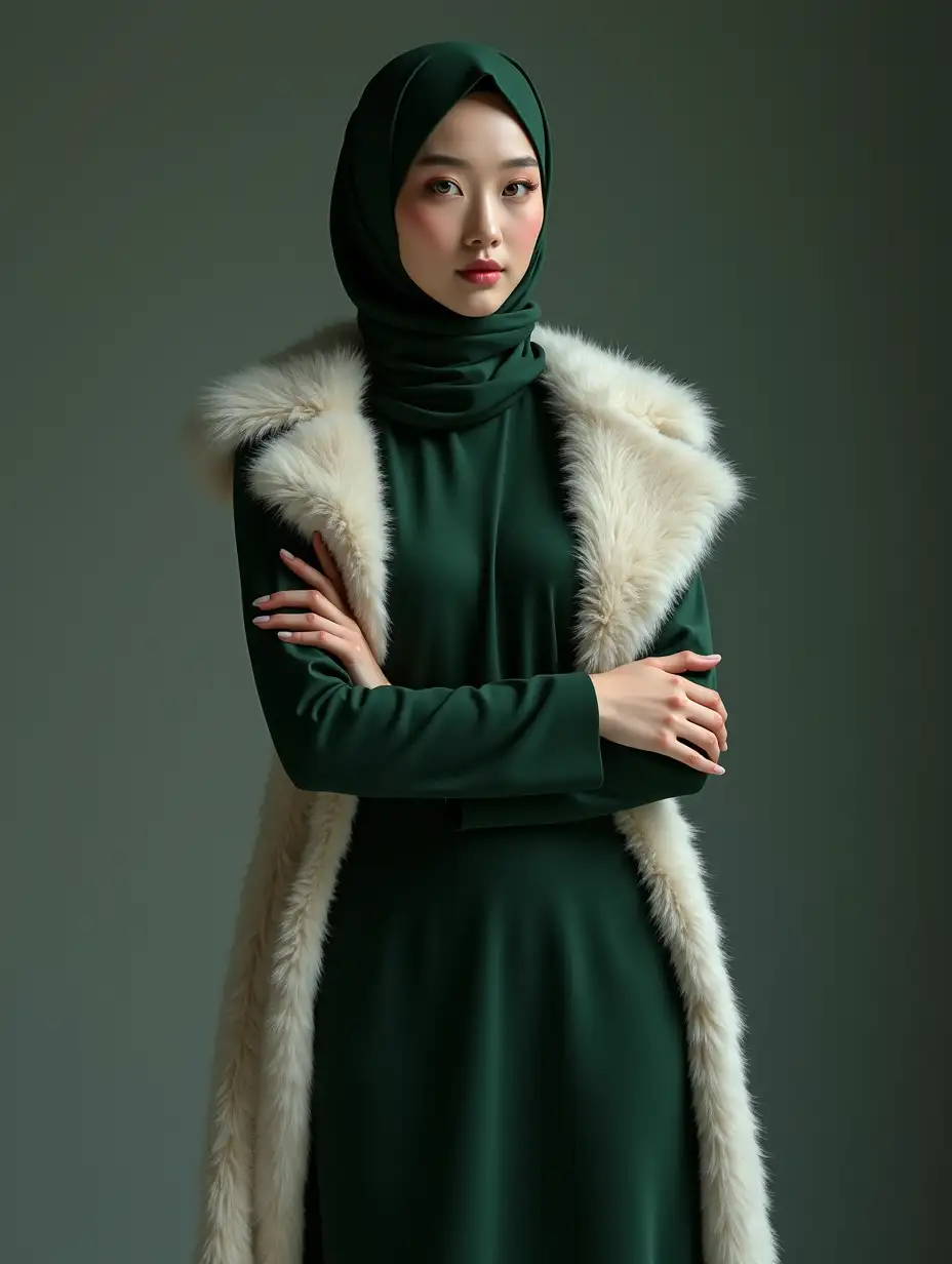 A highly realistic, photorealistic portrait of a confident and elegant Asian woman wearing a stylish dark green hijab that drapes gracefully around her head and shoulders. She has striking green eyes, flawless skin, and soft, natural makeup that enhances her sharp facial features. She is dressed in a long, flowing dark green dress that elegantly contours her figure, paired with a luxurious white fur coat draped over her shoulders. Her arms are crossed, exuding an air of authority, intelligence, and sophistication. She has a poised yet slightly mysterious expression, with a gaze that conveys confidence and strength. She wears sleek black high-heeled boots, and her dress appears to move slightly as if caught in a gentle breeze. The lighting is soft and cinematic, emphasizing the textures of her outfit and the details of her face. The background is blurred or neutral to focus on her presence. The image is in ultra-high resolution with lifelike details, realistic skin texture, and a refined color palette