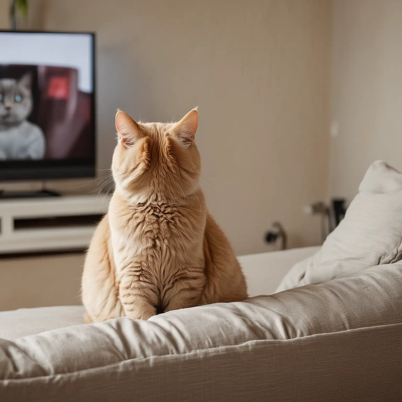 British cat watch tv on sofa