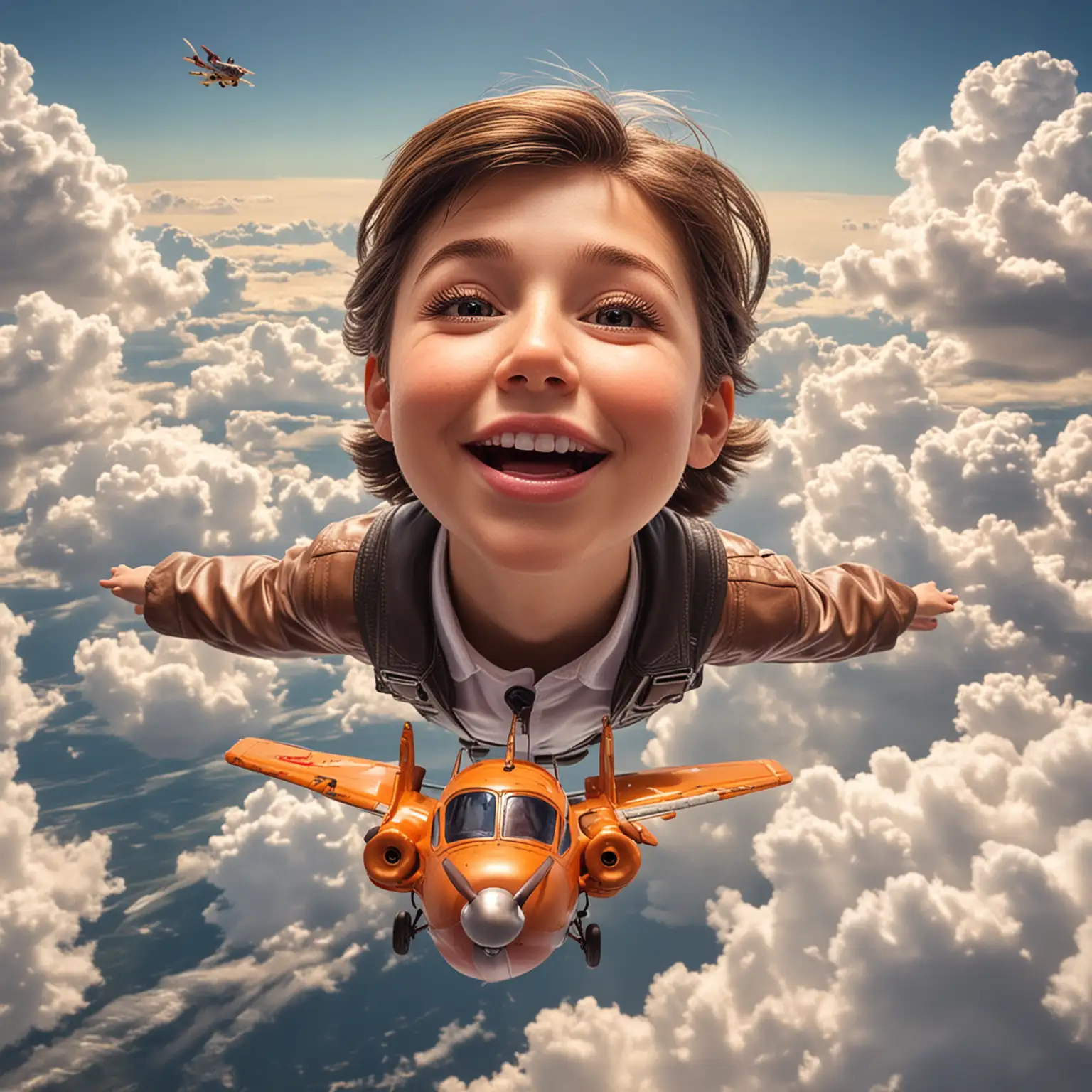 Capture a professional-level close-up shot of the pilot's face in a toy plane soaring through the sky, with whimsical donut-shaped clouds floating in the background