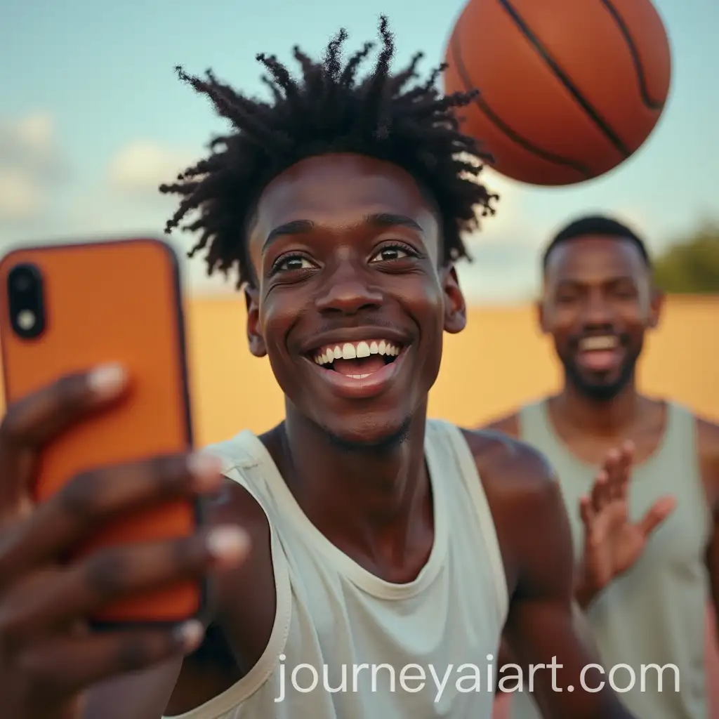 Young-Senegalese-Basketball-Player-Smiling-and-Juggling-Ball-While-Taking-Selfie