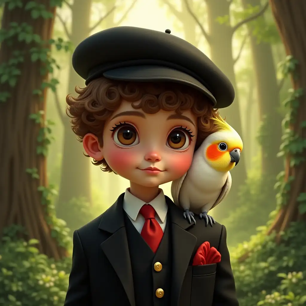 A young boy with curly brown hair and large, expressive eyes stands in a lush forest. He wears a stylish black suit with gold buttons, a red tie, and a matching red pocket square. On his head, he dons a classic black beret. A cockatiel with white and yellow feathers, along with orange cheek patches, perches on his shoulder. The soft sunlight filters through the trees, creating a dreamy, fairy-tale-like atmosphere. The boy has a calm yet curious expression, and the details of his outfit and the bird are finely rendered, giving the image a painterly