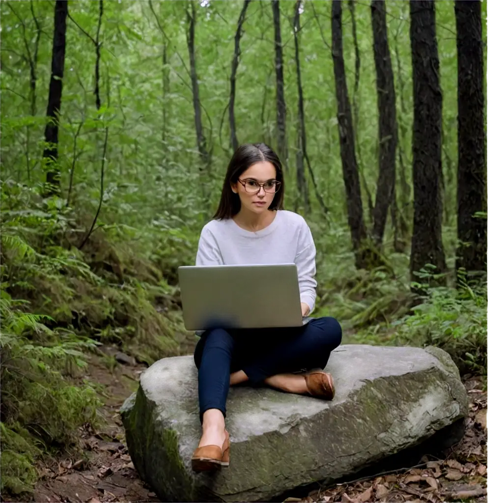 A girl with glasses sitting on a rock in the middle of a dark green forest and using a laptop