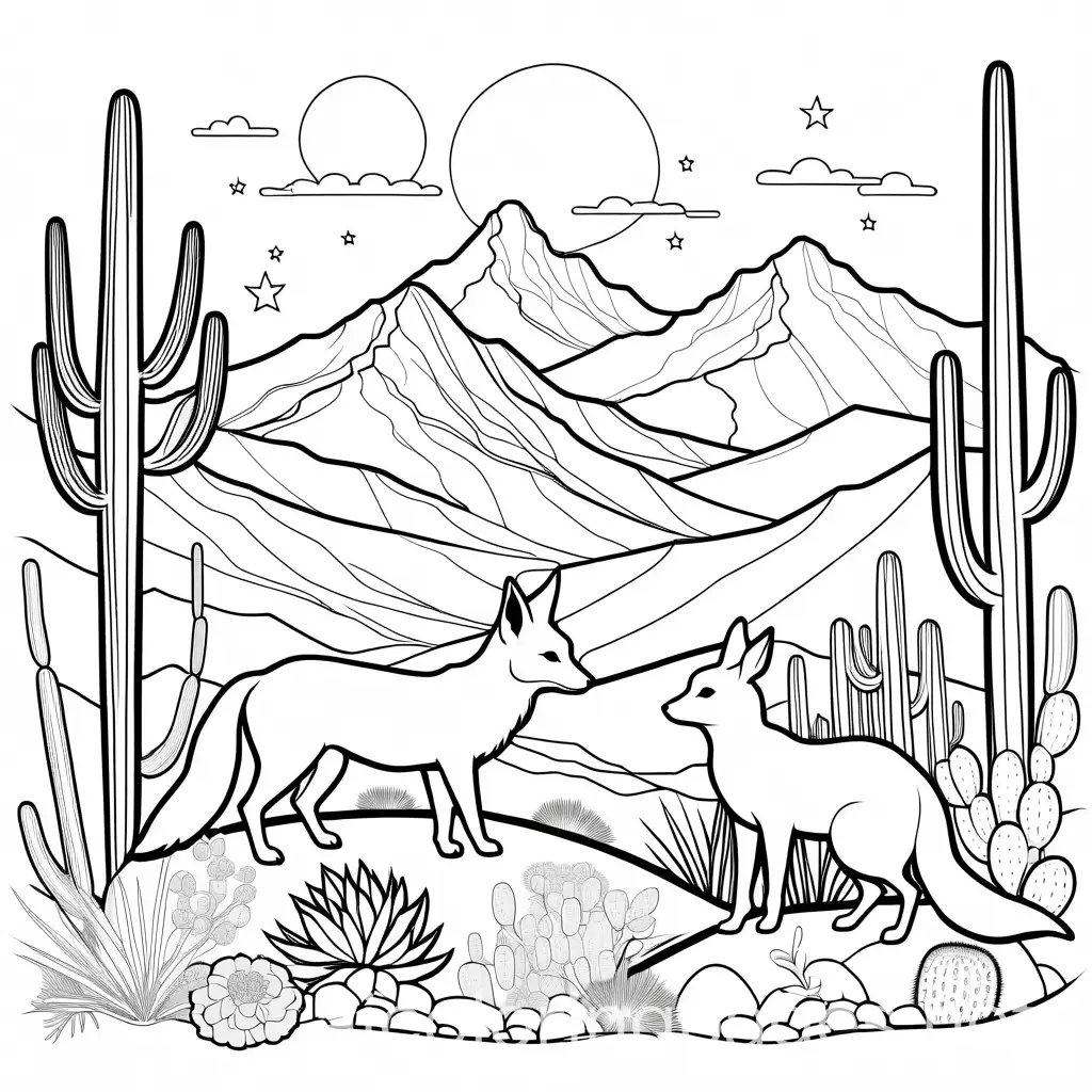 mountains, stars, desert,fox, rabbits eating flowers from a cactus, Coloring Page, black and white, line art, white background, Simplicity, Ample White Space