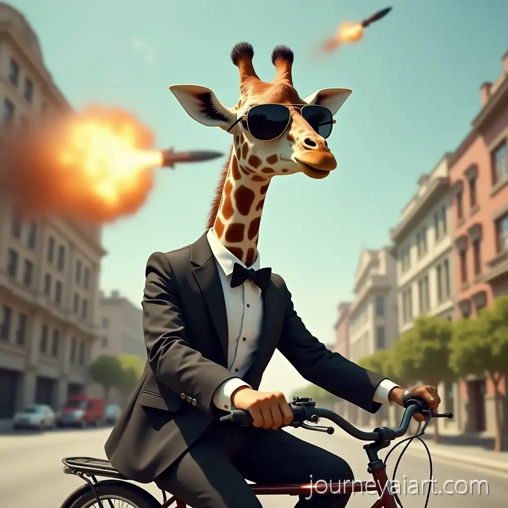 GiraAI-Art-Prompt-Expansionffe-in-Tuxedo-Riding-a-Bike-with-Missile-Threatening-City