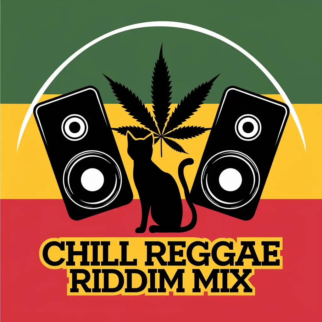 LOGO Design for Chill Reggae Riddim Mix Black Cat Speakers Marijuana in Rasta Colors with Reggae Style