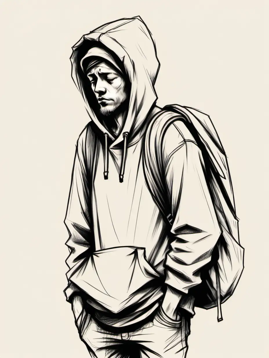 Sad Homeless Young Man Walking with Bags in Hoodie