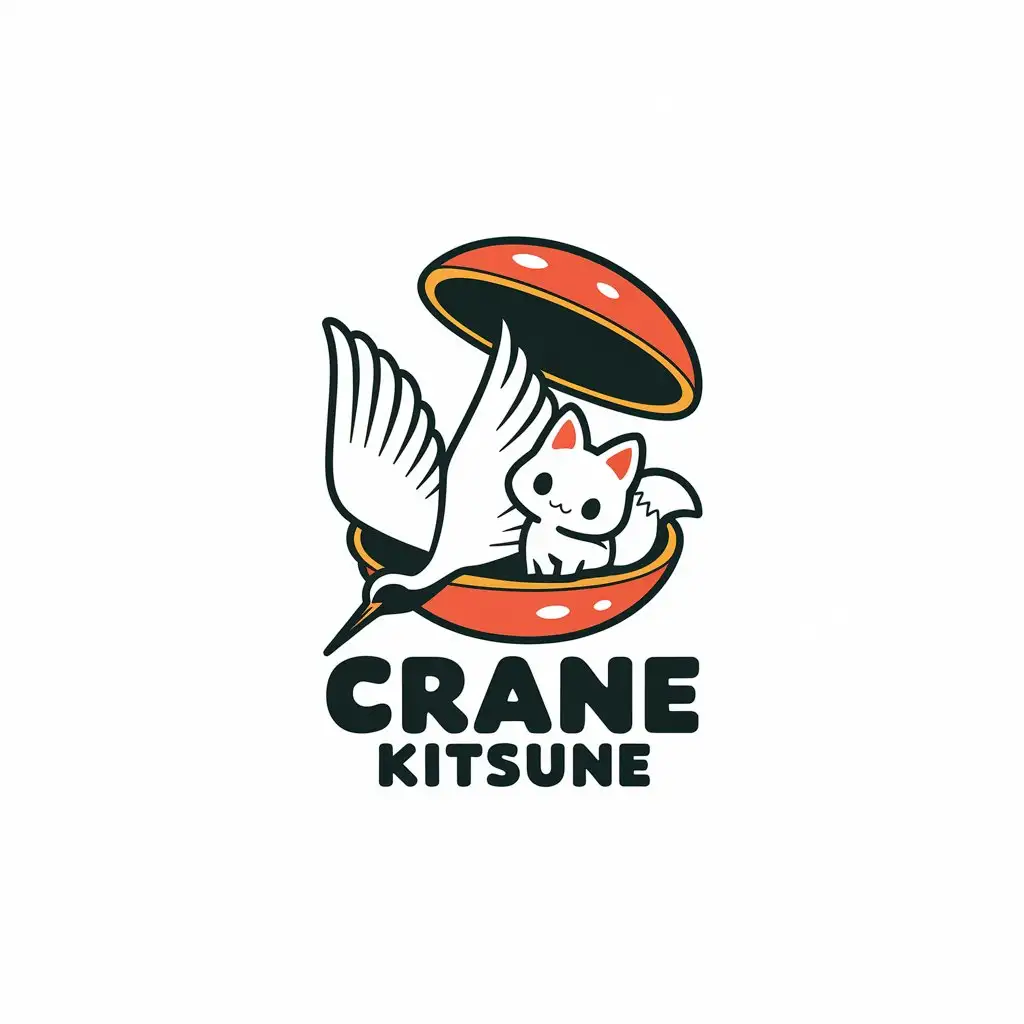 LOGO Design For Crane Kitsune Japanese Crane and White Kitsune Fox in Chibi Anime Style with Red Toy Capsule Theme