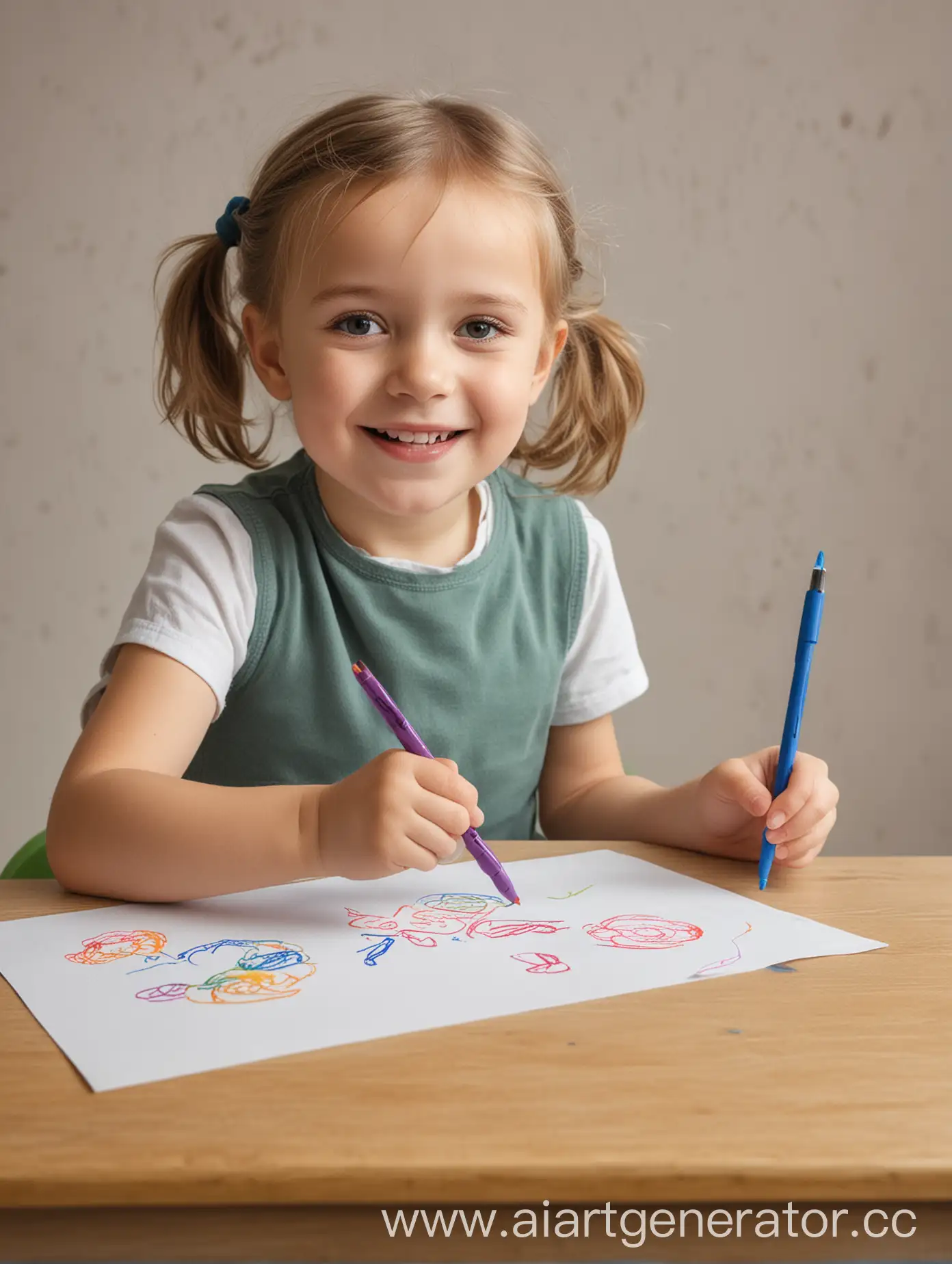 a very happy child 5-6 years old draws sitting at the edge of the table, side from left in relation to us. Here it is important to convey involvement and joy from the activity. Emotions are everything! It should create the impression of a very realistic and successful shot (color photo) child sits with a felt-tip pen in hand