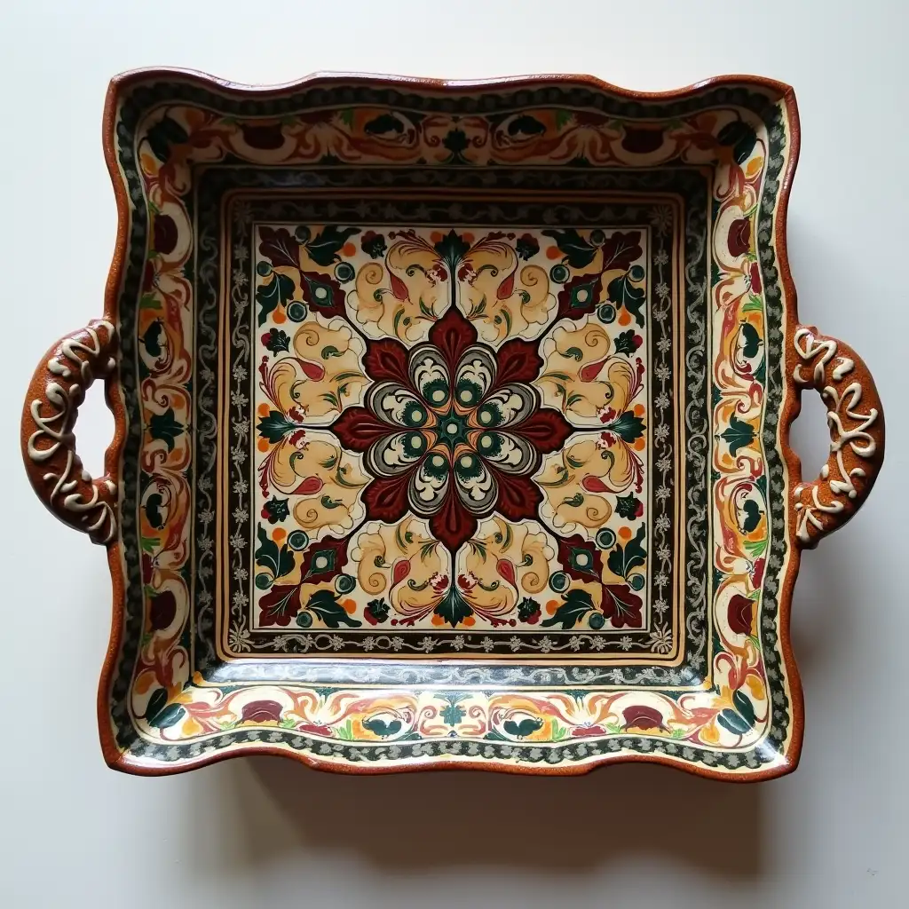 Square with rounded corners ceramic serving dish withe embossed beautiful handle, antique and old, Qajar art, Iranian Tabriz carpet design