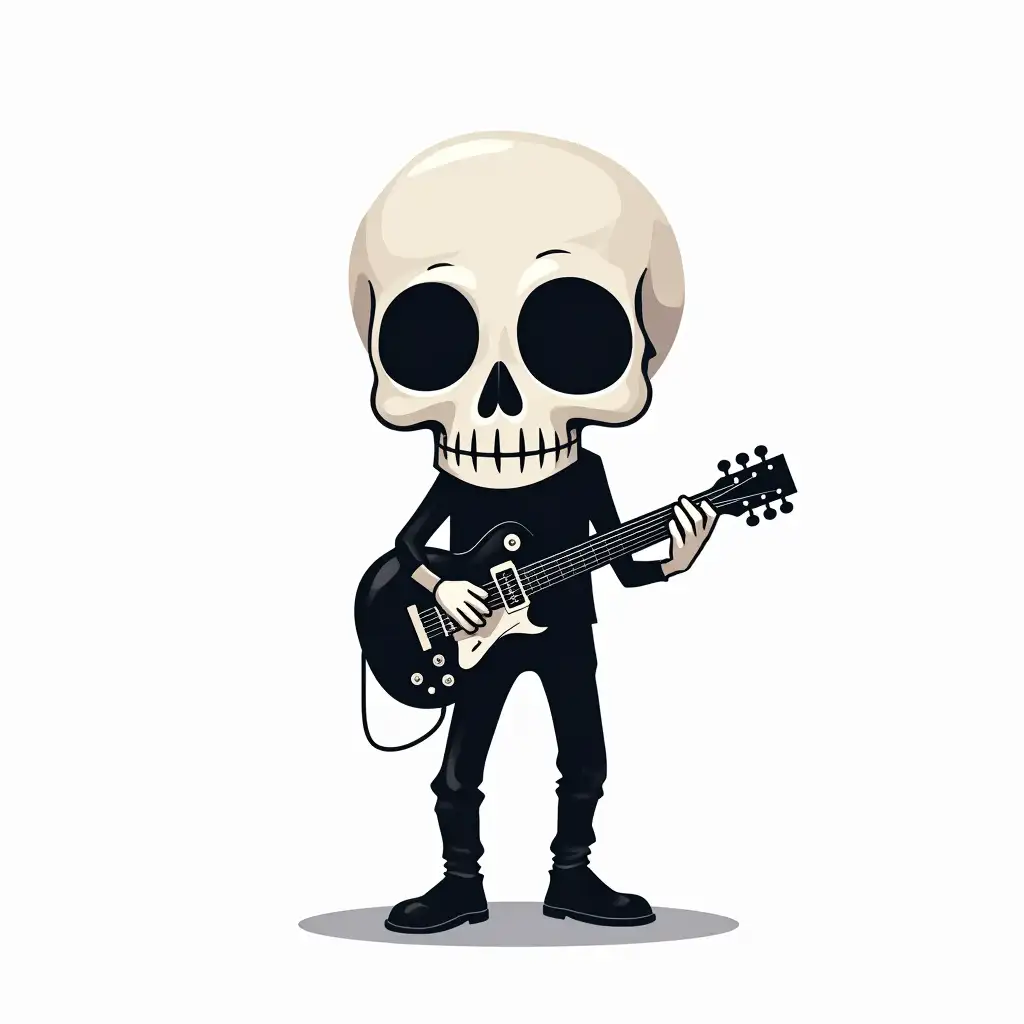 Logo of a black and white skull standing with a guitar against a plain white background