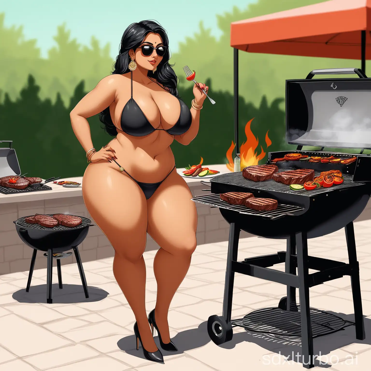 Curvy-Indian-Woman-Grilling-Juicy-Steaks-in-String-Bikini-and-Sunglasses