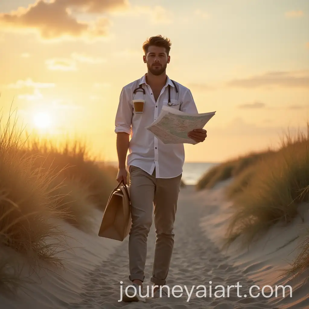 Office-Worker-at-Sunset-Beach-with-Coffee-and-Maps