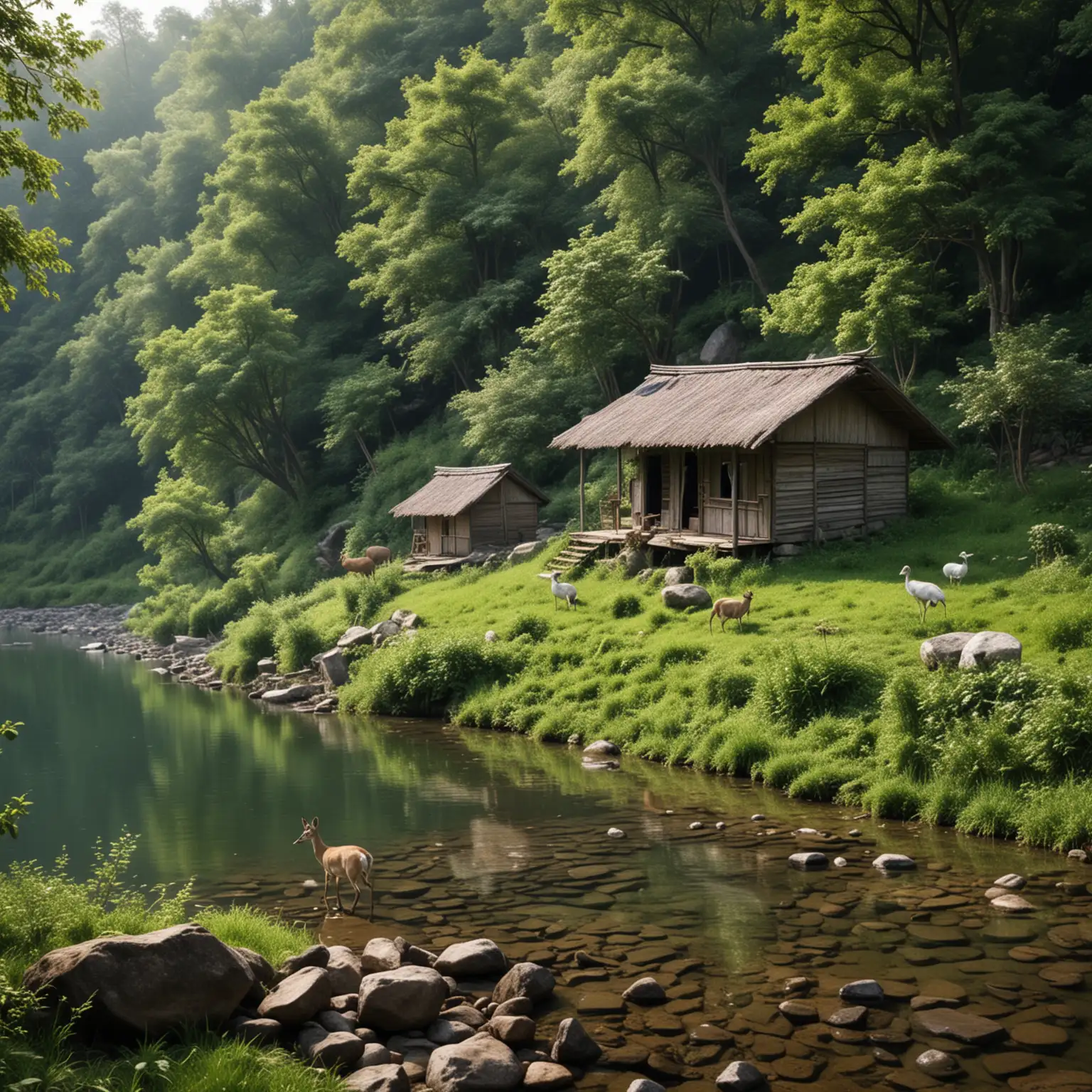 Scenic view that is calm and blurred. What dominates the view is tall and dark foliage, green hills, natural small rivers with small stones. Located among the trees is a small wooden hut with a sloping, shabby, and old roof. Herbivorous animals, deer, mouse deer, deer, white cranes that are drinking by the river. A naturally formed view, cool. realistic. ultra hd