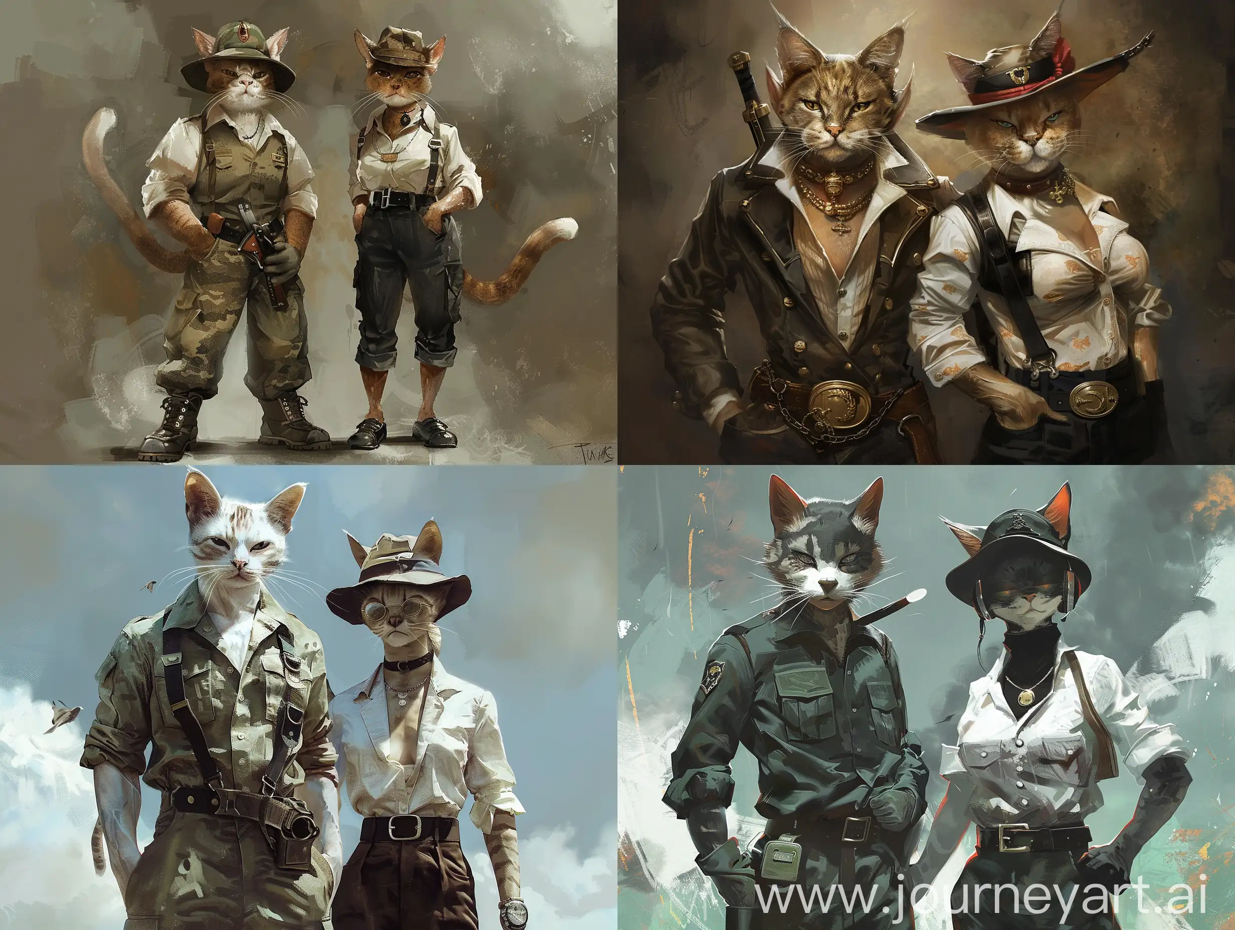 Muscular-Male-Cat-in-Military-Attire-with-Elegant-Female-Cat-in-Urban-Fashion