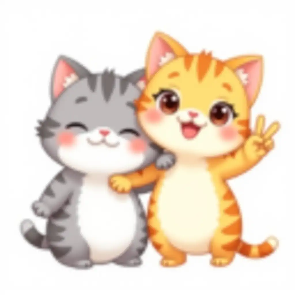 Two cartoon cats, one gray and white, the other orange and white, are positioned close together, hugging each other's shoulders. The gray cat is on the left side of the image and is slightly in front. The orange cat is on the right side and is slightly behind the gray cat. Both cats are chubby, with large, expressive eyes and wide smiles. The gray cat has a wink, and both cats have rosy cheeks. The orange cat is raising its right hand in a peace sign. Both cats have short, striped tails.  The background is a plain white color.  The style is colorful,  stylized, and cartoony, with a vibrant palette of orange, gray, white, and light pink.  The lighting is even and bright, focusing on the cats' faces and expressions, creating a friendly and cheerful atmosphere. The perspective is straight on, from a slightly elevated viewpoint, with the cats positioned near the center of the image. The composition is symmetrical, with the cats mirroring each other.  The overall feeling is that of childlike cuteness and friendship.