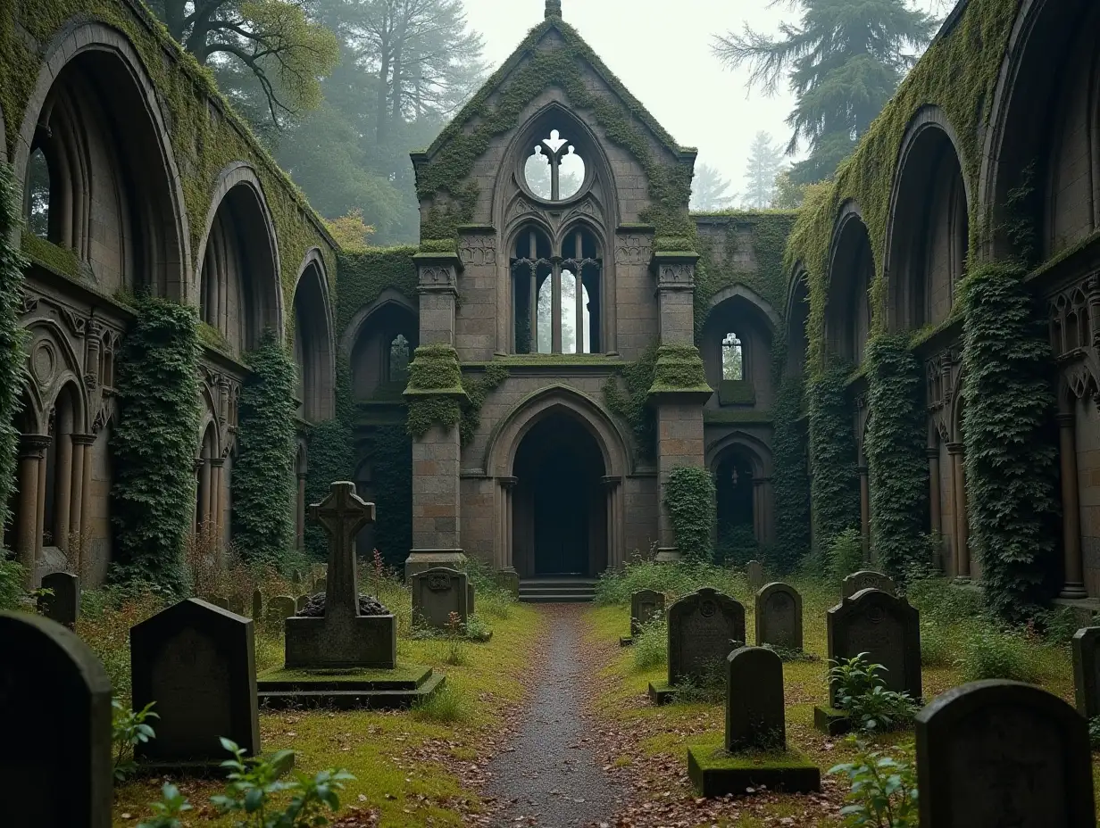 ancient gothic abandoned Cathedral surrouneded by a mistic grave yard