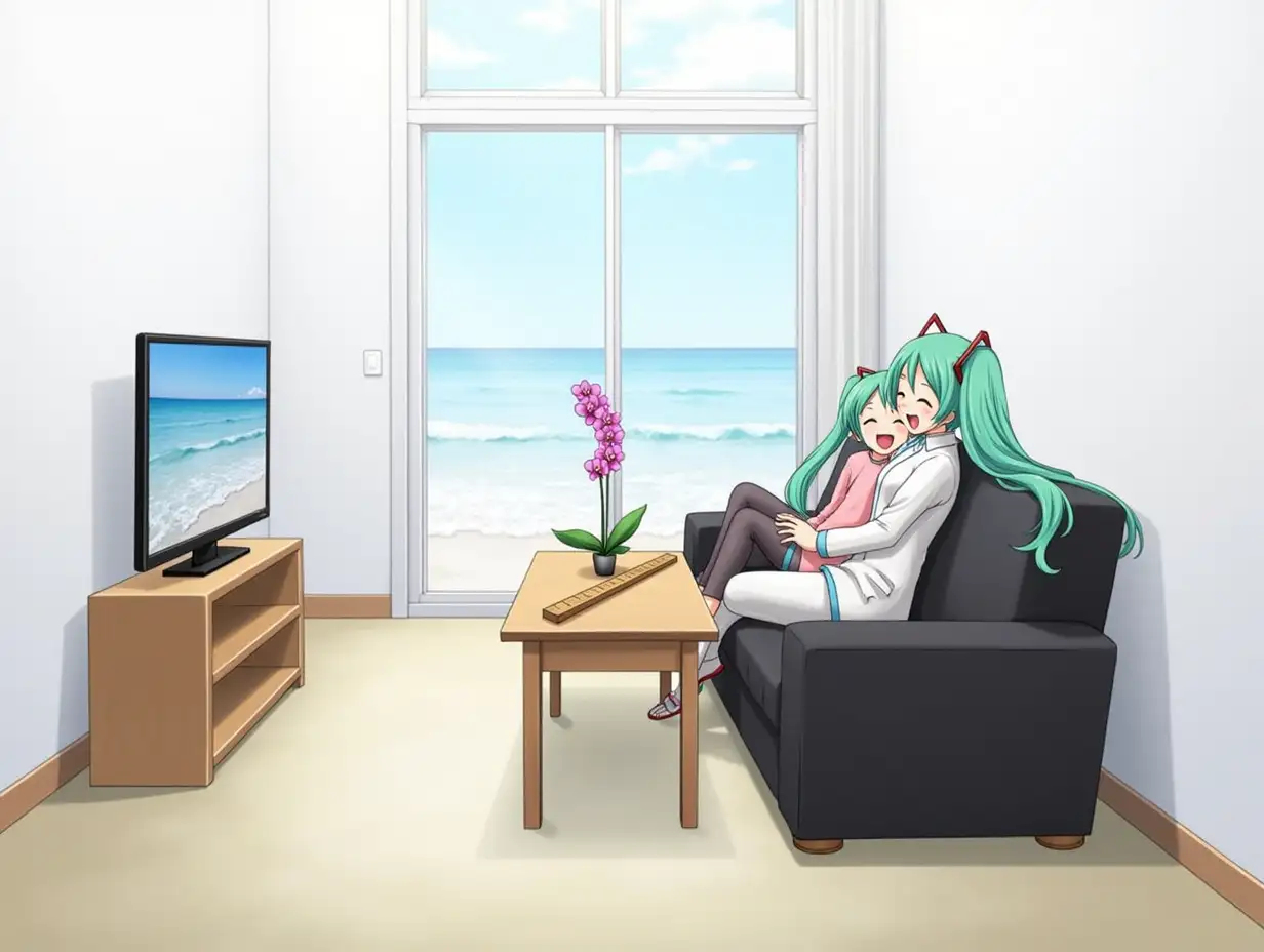 Miku-Hatsune-and-Baldi-Cuddling-on-Sofa-While-Watching-TV-in-Modern-Room