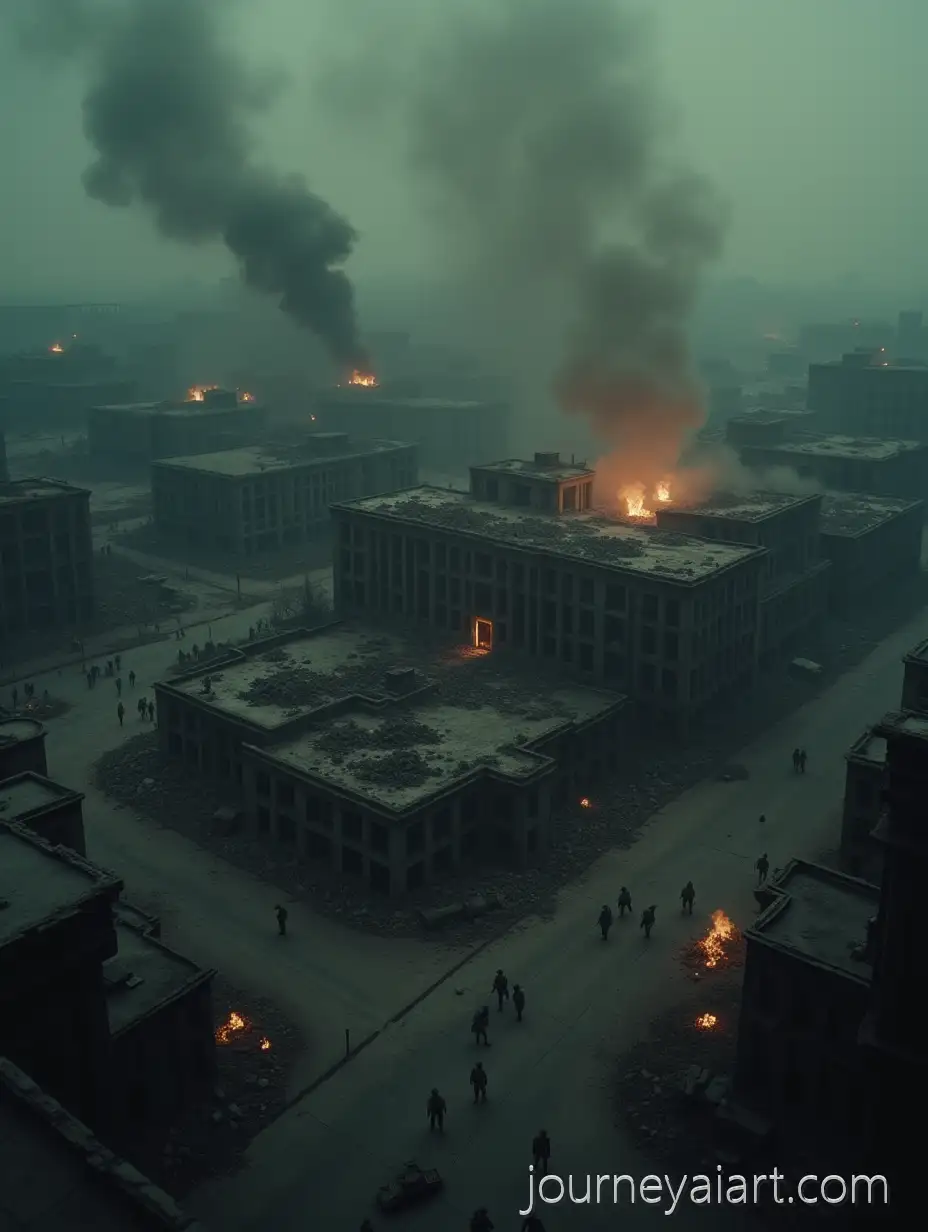 Cinematic-Aerial-View-ofDark-cinematic-urban-conflict-a-WarTorn-Intelligence-Headquarters-in-a-Devastated-City