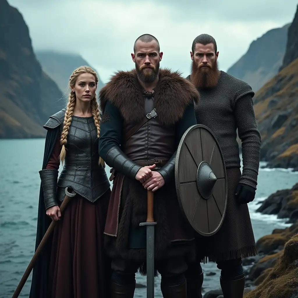 A dramatic Viking family portrait featuring Ragnar Lothbrok, Lagertha, and Bjorn Ironside standing together. Ragnar, in the center, wears a leather tunic with fur accents, his shaved head and braided hair iconic, holding an axe. Lagertha, to his left, dons detailed armor with her round shield and sword, her braided blonde hair flowing. Bjorn, to his right, stands tall in chainmail with a battle axe. The backdrop is a misty Nordic fjord with jagged cliffs and moody skies, highlighting their strength and unity