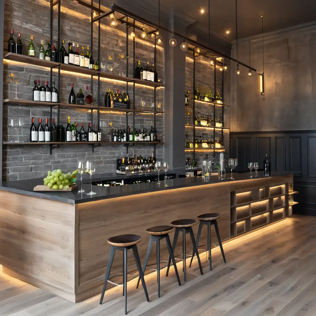 Elegant Bar with Wine Bottles and New York City Artwork