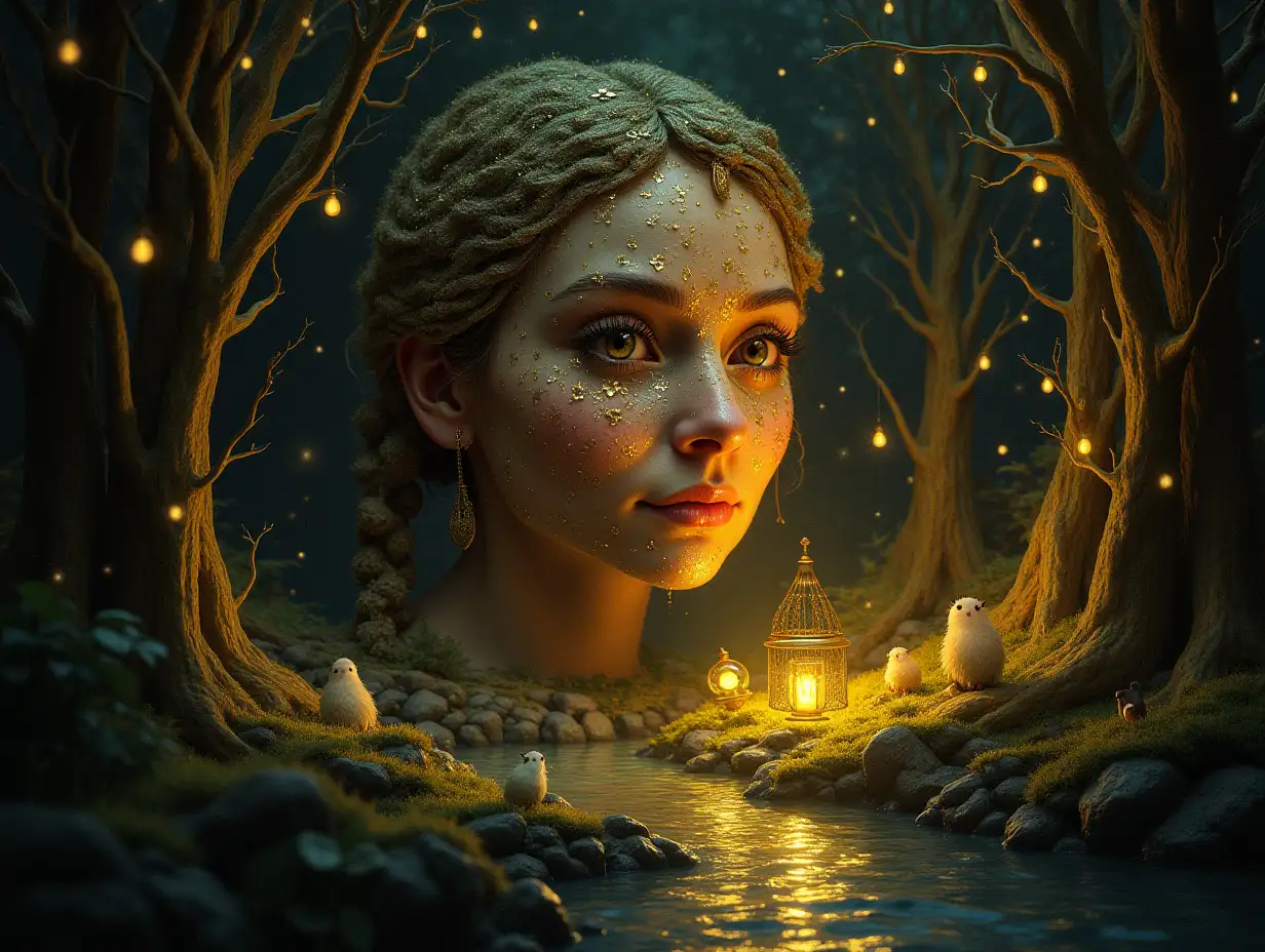 Creating a digital painting of a face with leuctkugel hair, that transforms into a building with gold stones and illuminated trees with golden roots and a river with floating light bulbs and lanterns and strange fairy creatures on a lawn