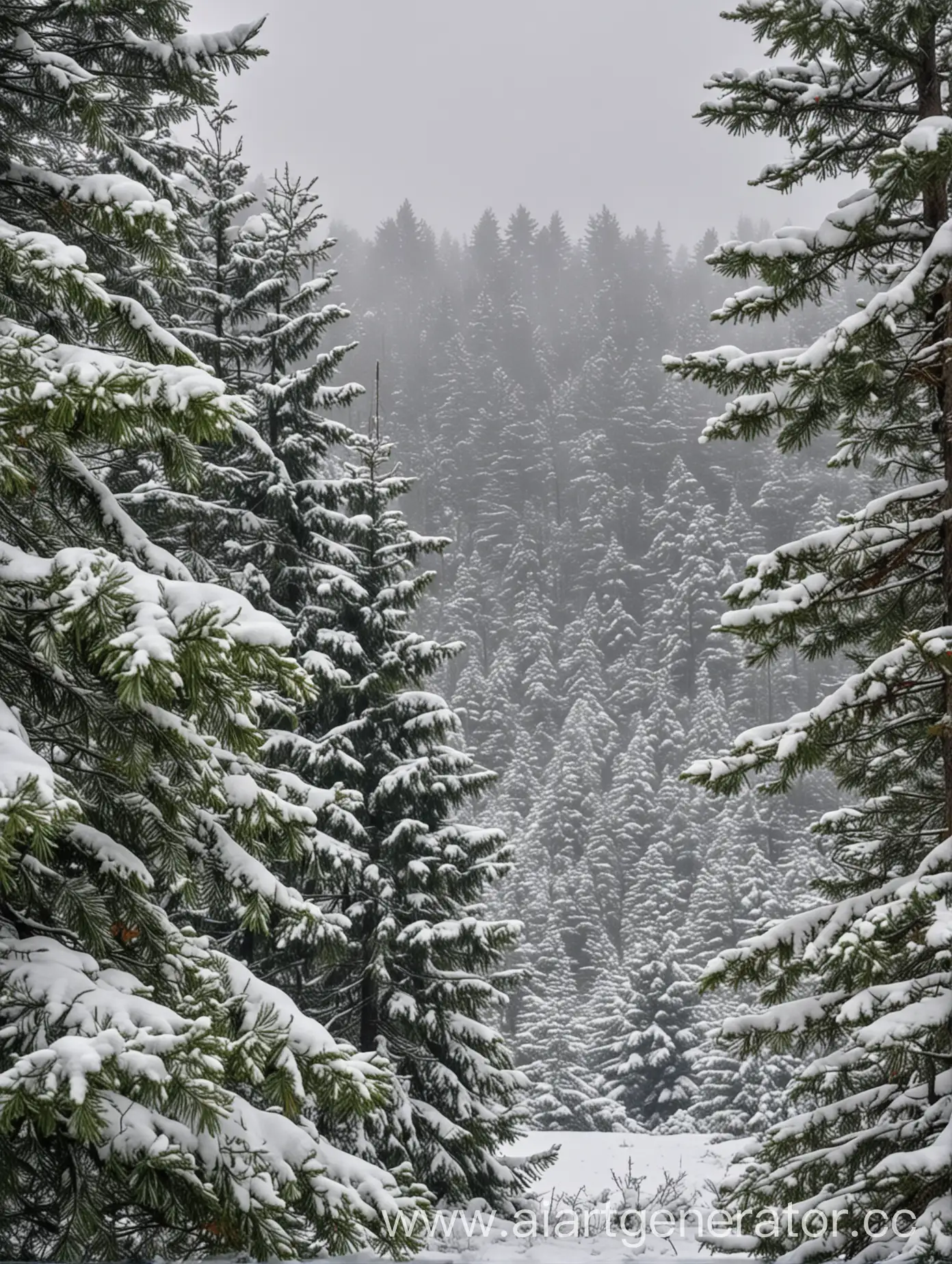 Winter forest. In the foreground, a green, snow-covered fir tree.