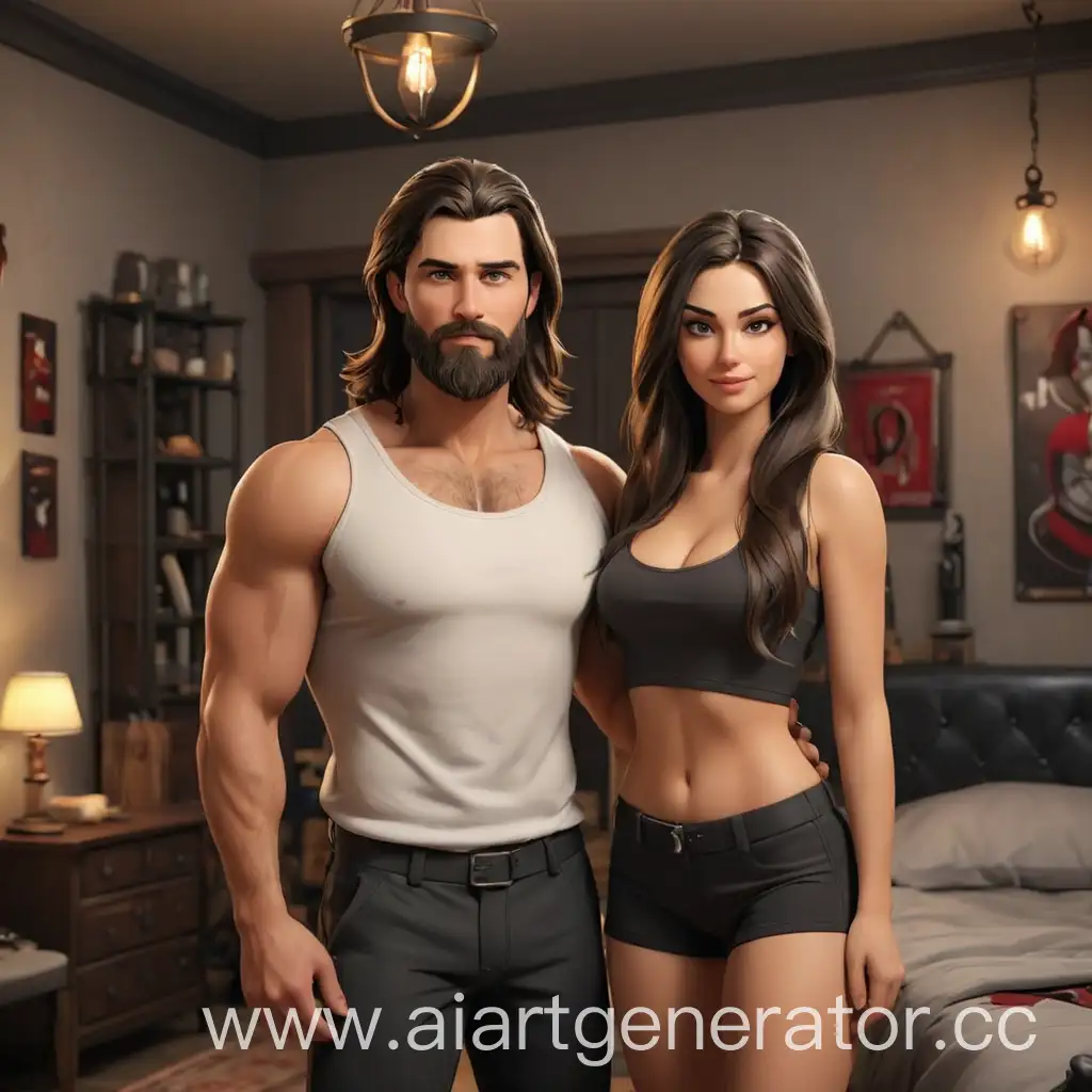 Attractive-Couple-Posing-in-BDSM-Themed-Bedroom-with-Confident-Expressions