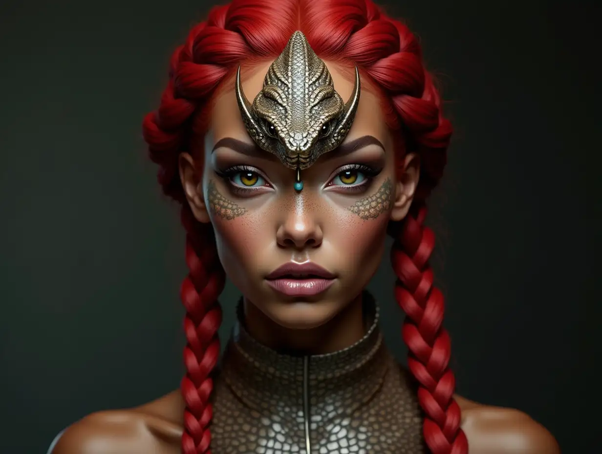 Ultradetailed hyperrealistic woman with snake head,with red braids,snake head necklace with flawless attention to texture, surface and lighting, to give depth, dimension and a photorealistic appearance.