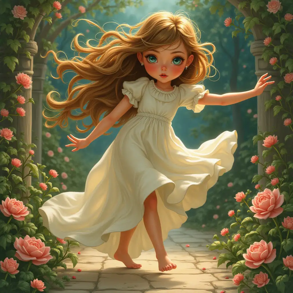 girl, with long hair, big , blue eyes, long-legged, stylish, dancing , in a blooming garden. Realism, Art Deco style