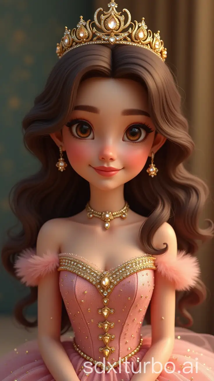 A very beautiful brown hair princess with gorgeous and jewelry gold crown on her head and Luxury Sparkly tulle Ball gown With shining Jewel on it.